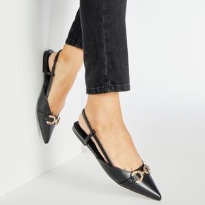 Justfab Just Fab Pointed Toe Black Slingback Flats w/ Gold Accent New Size 9